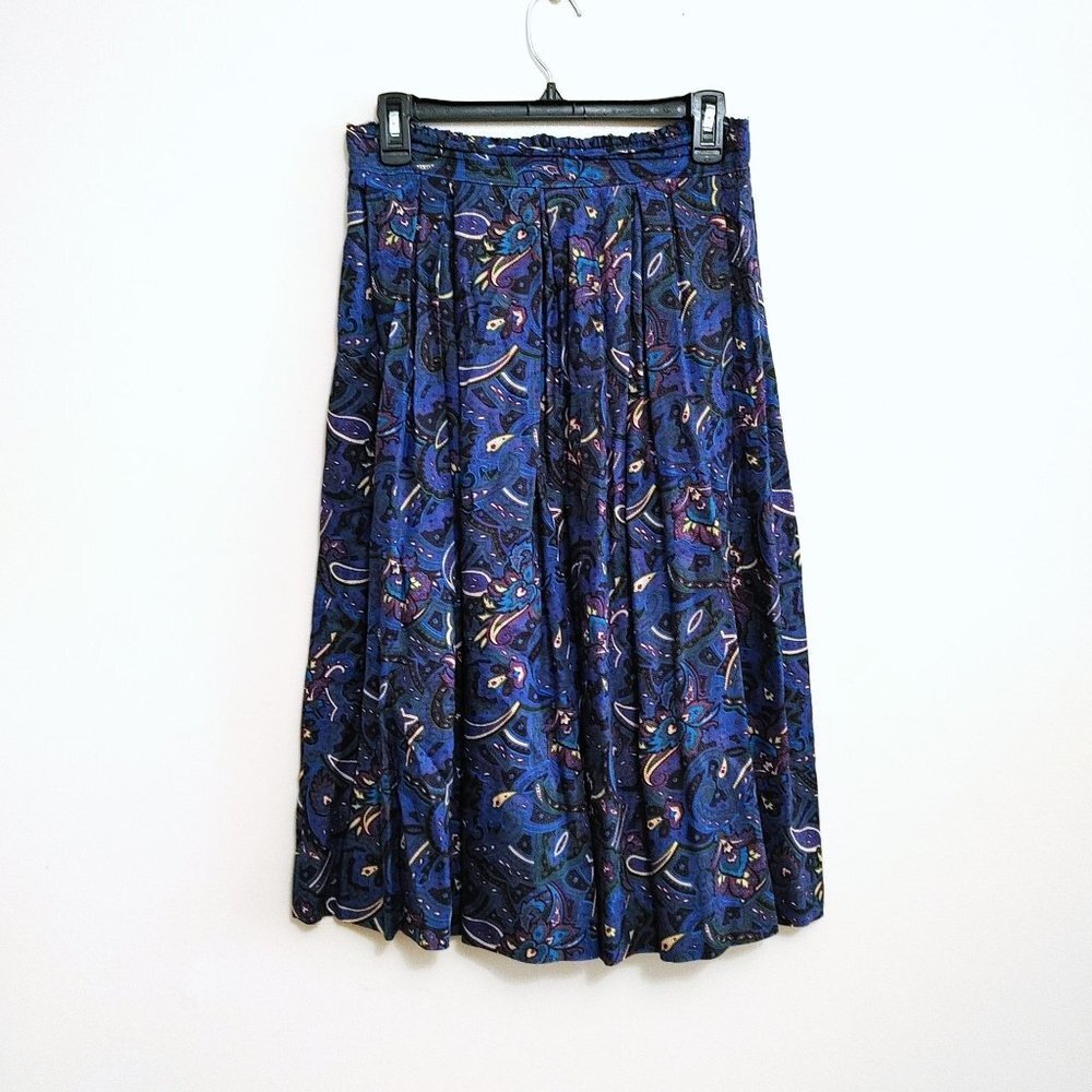 Vintage 90s Stringbean Pleated Midi Skirt Size  Large Blue Floral Rayon Pull On